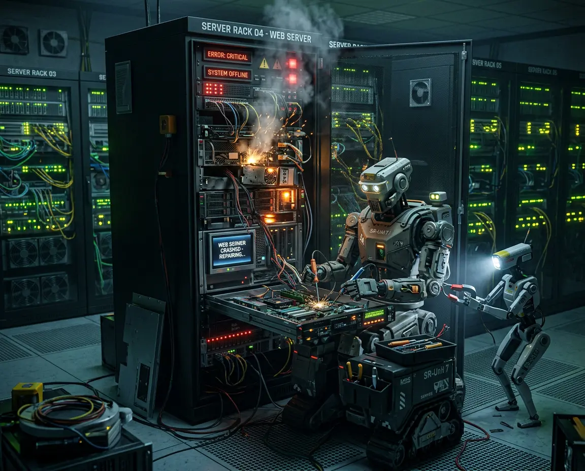 The web server being repaired by robots